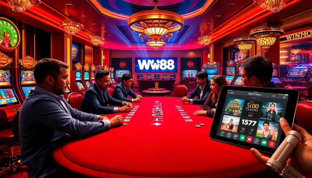 Players enjoying poker at WW88's luxurious casino, surrounded by vibrant slot machines and roulette.