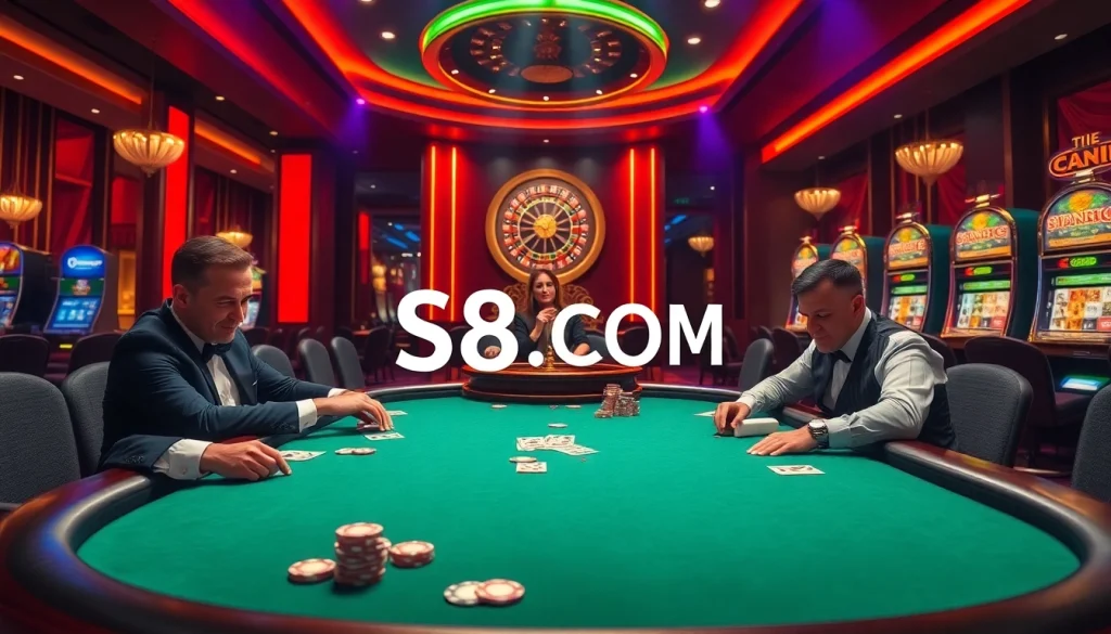 Experience thrilling poker action at S8 .COM with vibrant casino visuals and professional players.