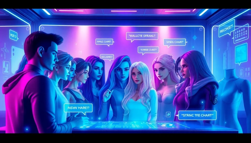 Dynamic scene illustrating character AI NSFW chat interactions with diverse digital characters and futuristic design.