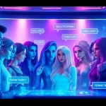 Dynamic scene illustrating character AI NSFW chat interactions with diverse digital characters and futuristic design.