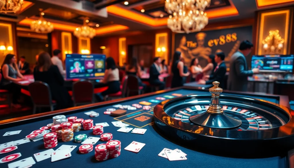 Experience an electrifying moment at ev88 with vibrant poker chips and an engaging casino table.