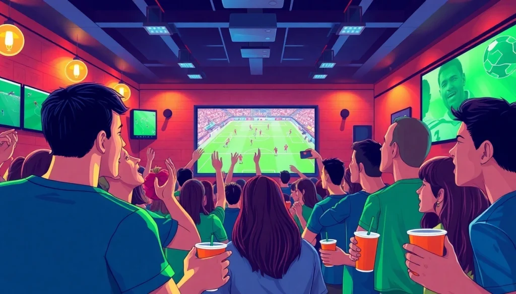 CakhiaTV live soccer match viewing with enthusiastic fans in a vibrant sports bar setting.