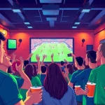 CakhiaTV live soccer match viewing with enthusiastic fans in a vibrant sports bar setting.