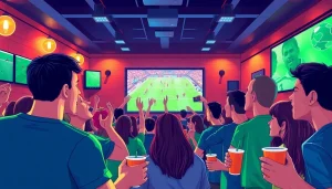 CakhiaTV live soccer match viewing with enthusiastic fans in a vibrant sports bar setting.