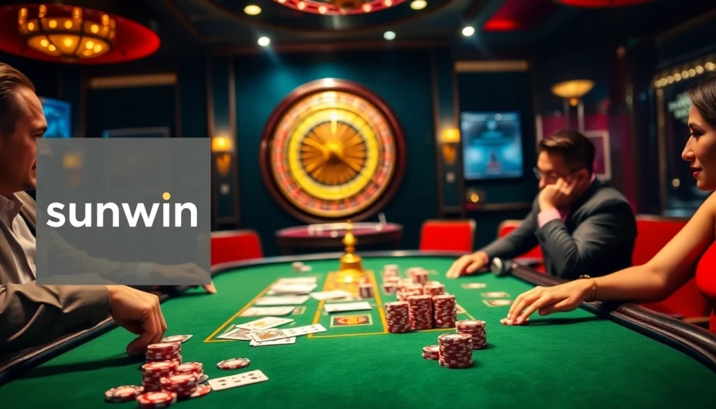 Sunwin players analyze hands at a high-stakes poker table with vibrant casino decor.