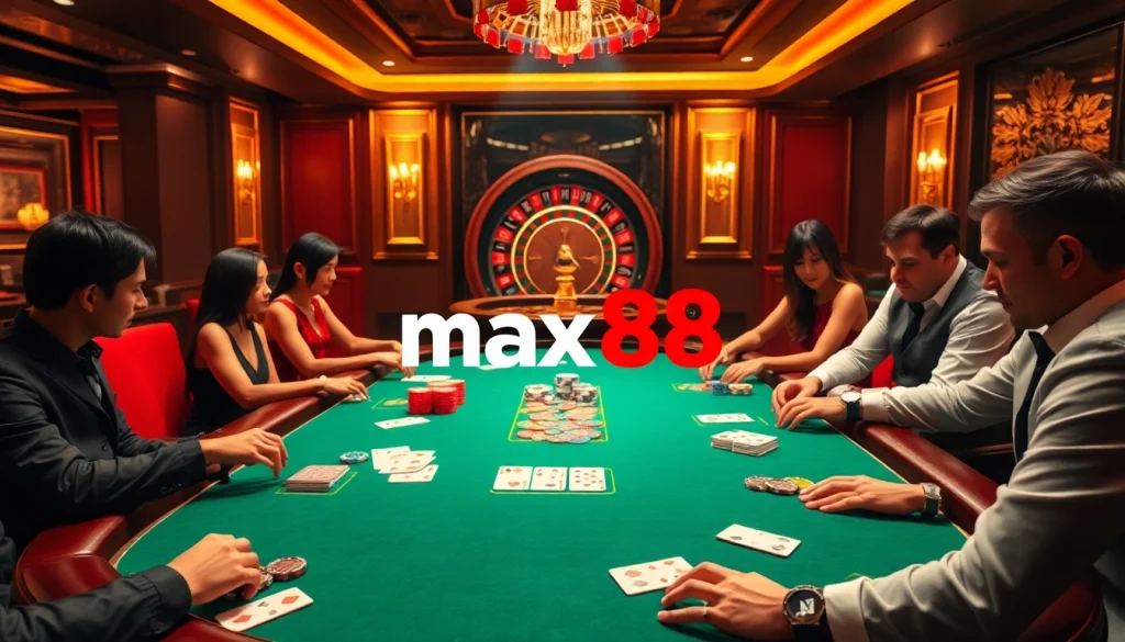 Players enjoying poker at max88 casino table with vibrant atmosphere and luxurious design.