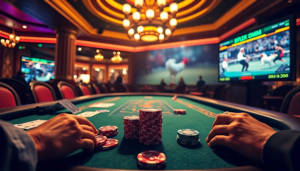 Experience the excitement of đá gà trực tiếp with vibrant casino elements and immersive live streaming of betting action.